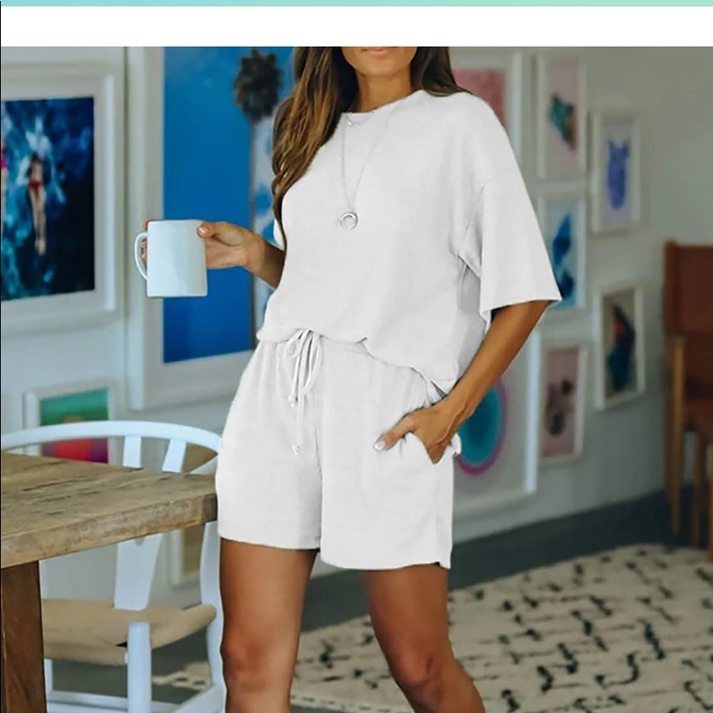 2 piece white top and shorts